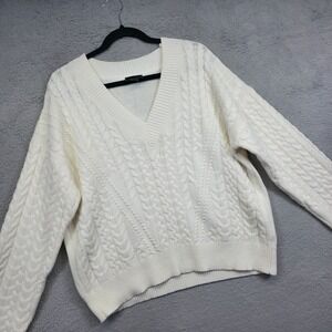 Lumiere Cable‎ Knit Sweater Womens L White Fisherman V Neck Chunky Lounge Cozy